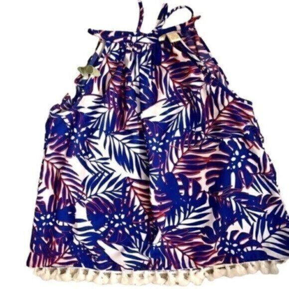 Japna Red White Blue Palm Leaves Pom Fringe Tank Top Size L 4th of July - Picture 1 of 3